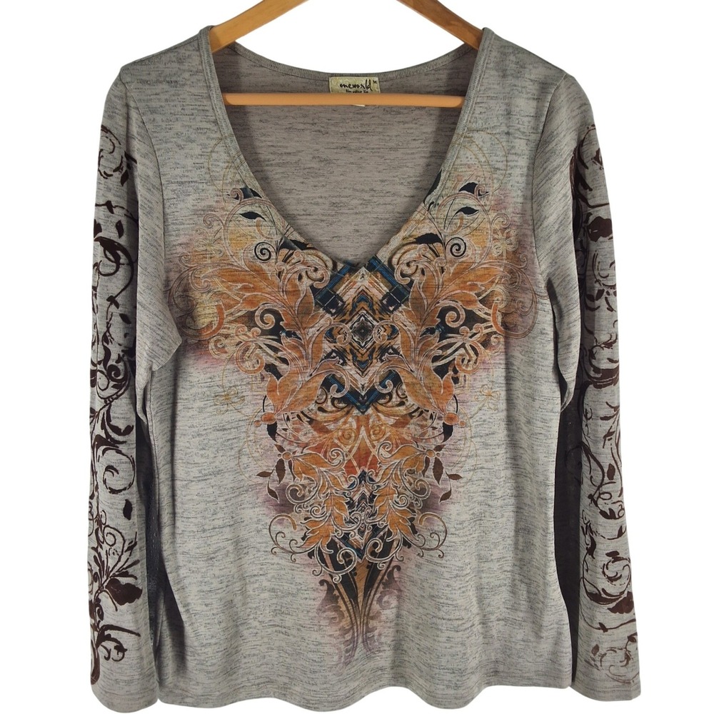 One World Boho Scroll Graphic V-Neck Top Taupe‎ Brown Med 7610C-38983